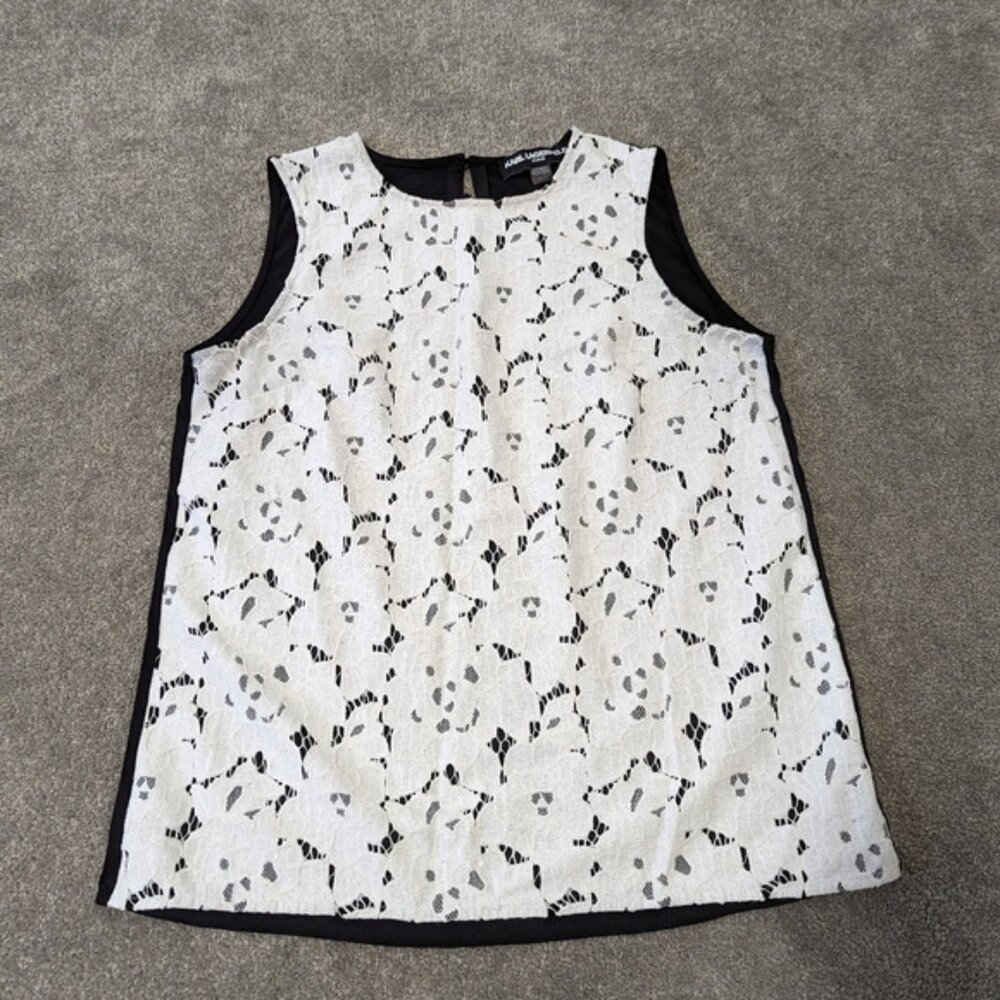 Karl Lagerfeld Women's Lace Tank Top Blouse Size Small Black White Color Block